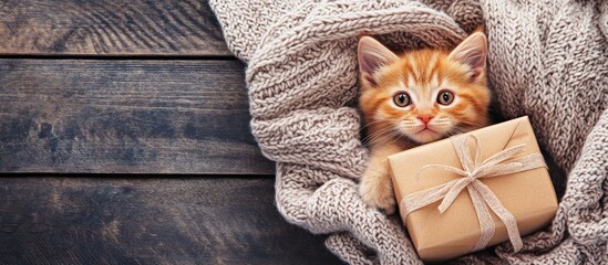 Aufkleber - Adorable kitten resting under a blanket next to a gift box View from above Blank area for text. with copy space image. Place for adding text or design