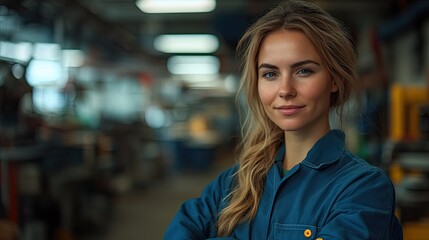 Poster - beautiful woman working in a garage wearing blue coveralls talking with customer handing over keys of repaired car female auto mechanic