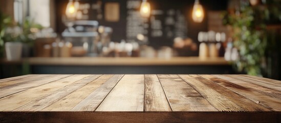 Aufkleber - Empty wooden table in front of an abstract blurred coffee shop background The table can be used for showcasing or presenting your products Mock up for displaying product. with copy space image