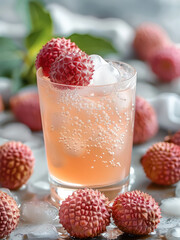 Poster - A refreshing glass of lychee juice, served chilled with a few ice cubes and garnished with a whole lychee fruit on the rim. The juice has a delicate, pale pink color. Generative AI.