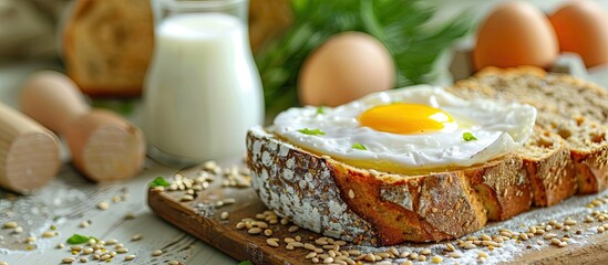 Poster - Tasty sliced bread a glass of fresh milk and boiled eggs set against a yellow and green background Healthy eating idea Foods suitable for a bland diet Copy space