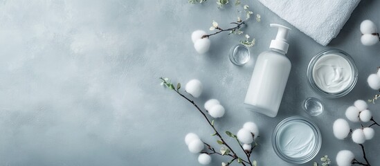 Poster - Top view of facial care products bottles and jars of tonic micellar cleansing water cream and cotton pads on a gray background Body care concept with empty copyspace for your ideas