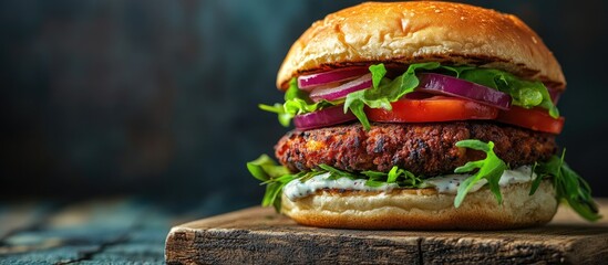 Poster - Falafel and fresh vegetable burger Vegan cheeseburger featuring roasted falafel a traditional Israeli dish served with yogurt sauce copy space