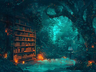 Wall Mural - Enchanted Library in the Forest.