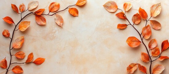 Wall Mural - Autumn arrangement Orange leaves on a beige backdrop with copy space Top view Flat layout Left side