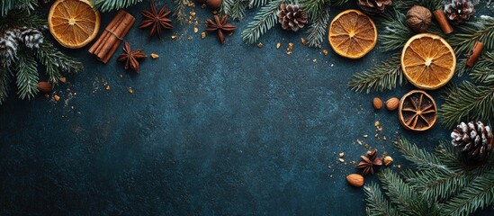 Aufkleber - Christmas backdrop featuring fir branches spices nuts and dried orange slices Vertical top view with copy space
