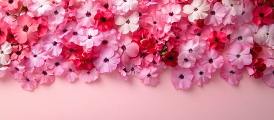 Aufkleber - Beautiful floral greeting card with a spring and summer abstract background Colorful pink phlox flowers and tea top view flat lay selective focus Mother s Day greeting. with copy space image