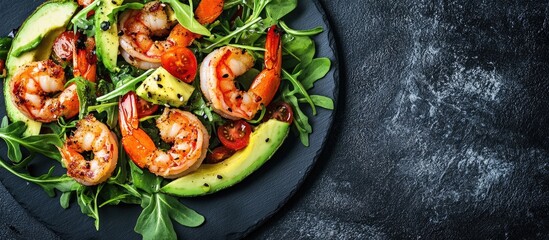 Aufkleber - Avocado Shrimp Salad on a black stone background copyspace A healthy green salad featuring shrimp prawns avocado and arugula