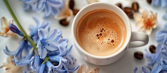 Aufkleber - Close up top view of fresh coffee in a cup with blue hyacinth flowers isolated on a white background. with copy space image. Place for adding text or design
