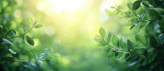 Poster - Beautiful natural scenery featuring green leaves in the forest A blurred greenery backdrop illuminated by sunlight with bokeh and copy space suitable for a background of natural plants landscape Flat
