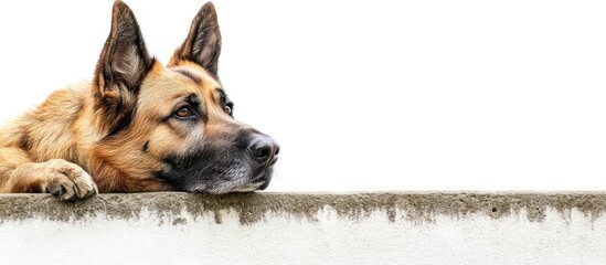 An elderly guard dog watching over a wall White background. with copy space image. Place for adding text or design