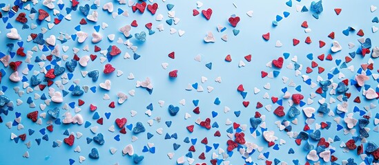 Wall Mural - Valentine s decoration featuring small blue confetti hearts on a white background Festive theme. with copy space image. Place for adding text or design