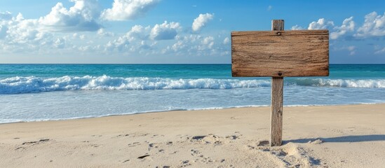 Poster - wooden addresses on the beach sign. with copy space image. Place for adding text or design