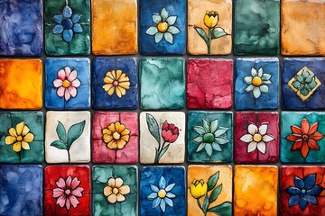 Wall Mural - Colorful Hand-Painted Tile Mosaic with Floral Designs.