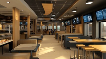 Poster - The interior features warm wooden decor, spacious booths, and multiple screens displaying menus, all illuminated by natural light.