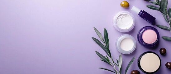 Aufkleber - Various cosmetic products and olives on a violet background top view Copyspace for text