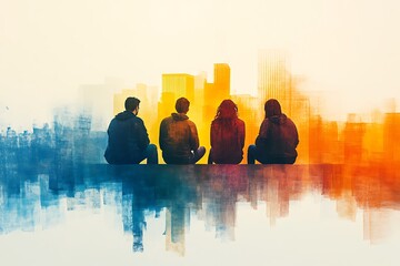 Wall Mural - Silhouette of Four People Sitting Against a Cityscape.