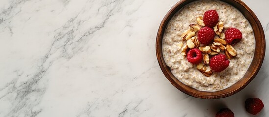 Aufkleber - oatmeal topped with nuts and raspberries. with copy space image. Place for adding text or design
