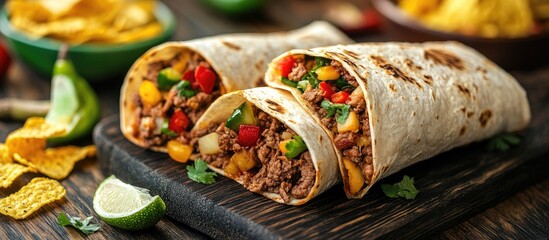 Poster - Homemade beef burritos with veggies and potato chips. with copy space image. Place for adding text or design