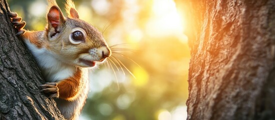 Poster - Close up of a squirrel on a tree with sun flare. with copy space image. Place for adding text or design