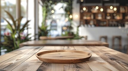 Poster - Empty wooden table with a blurred background of a modern restaurant interior. Generative AI.