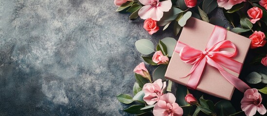 Poster - A bouquet of pink flowers accompanied by leaves and a gift box adorned with a red ribbon set against a gray background Top view Celebration day concept. with copy space image