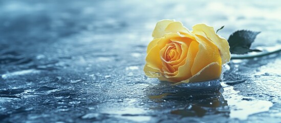 Fototapete - Frozen yellow rose beneath melting ice authentic winter photography. with copy space image. Place for adding text or design