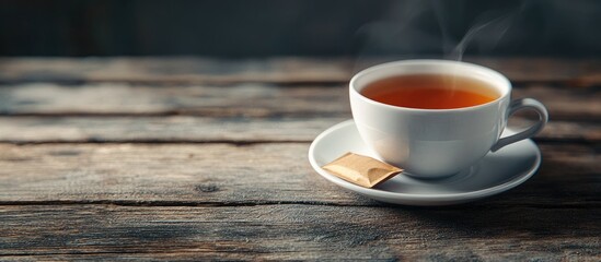 Aufkleber - Cup of tea with a tea bag on a wooden surface with a grey backdrop. with copy space image. Place for adding text or design