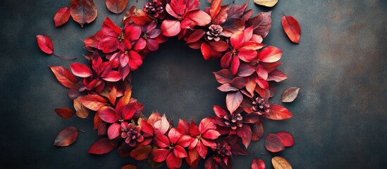 Poster - Autumn arrangement Wreath created from red autumn leaves and flowers Flat lay top view copy space square