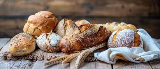 baked bread on a wooden table backdrop. with copy space image. Place for adding text or design