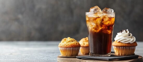 Aufkleber - Iced coffee in a glass container alongside sweet muffins. with copy space image. Place for adding text or design
