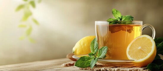 Fototapete - Tea with mint and lemon. with copy space image. Place for adding text or design