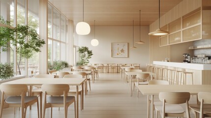 Poster - A spacious cafe features wooden tables and chairs, large windows for natural light, and greenery, creating a calm, inviting atmosphere for patrons to relax or work.
