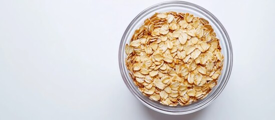 Leinwandbilder - Uncooked oat flakes in a glass bowl on a white background Healthy food Close up top view. with copy space image. Place for adding text or design