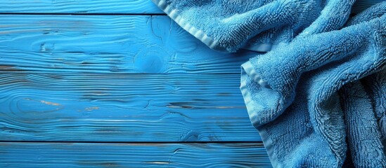 Aufkleber - Blue towel viewed from above on a wooden blue surface close up with copy space Soft blue napkin in close up