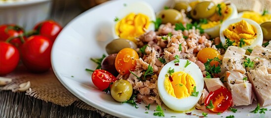Poster - Tuna salad featuring white beans tomatoes boiled eggs and black olives on plates against a light slate stone or concrete background Top view with copy space