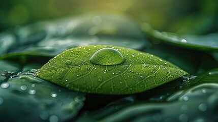 Poster - Water Drop, Leaf, Environmental Conservation Balance, Green Nature. Generative AI.