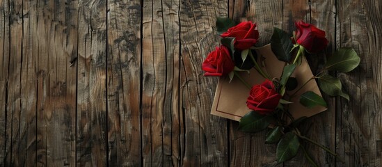 Poster - Box of roses and a card on an aged wooden surface. with copy space image. Place for adding text or design