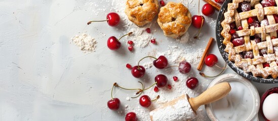 Poster - Cherry pie baking ingredients fresh cherries flour egg cinnamon and a rolling pin on a rustic white table Background arrangement with available text space Top view flat lay style