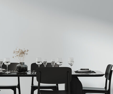 A beautiful dining table setted with cutlery, plates, glasses and decor, black furniture and empty white wall, 3d rendering
