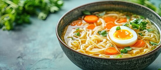 Aufkleber - Homemade Oriental Ramen noodle soup featuring egg carrot onion and parsley Vegan dish Nutritious meal. with copy space image. Place for adding text or design