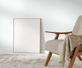 Wall Mural - wooden frame mock up on a floor with sunlight near white wall with armchair on the foreground, 3d re