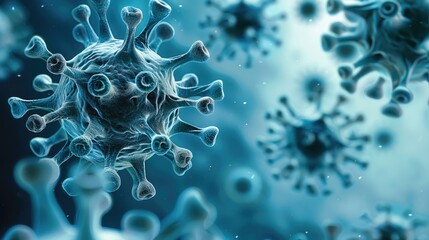Poster - 3D render of microscopic corona virus, background blue and teal. Generative AI.