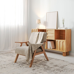 Wall Mural - modern living room interior background, armchair with frame mock up on cupboard, 3d render