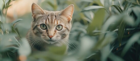 Poster - A domestic cat in the garden gazing at the camera with copy space