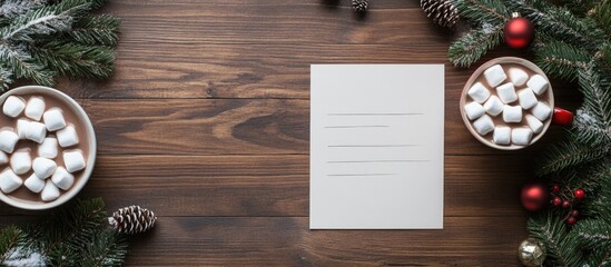 Fototapete - Handwritten mockup postcard for a to do list and hot chocolate with marshmallows on a wooden background Winter Christmas and Happy New Year theme. with copy space image