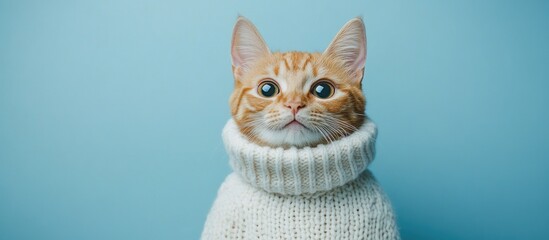 Aufkleber - Cat wearing a cozy white knitted sweater on a blue background with copy space Cat in attire striking a pose Banner mockup for designers