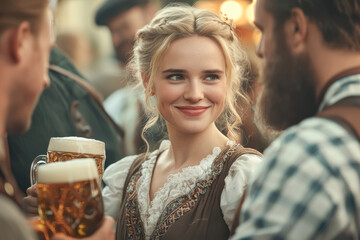 Oktoberfest Smiles and Beer. A warm and inviting photo of a young woman with blonde hair smiling while holding a beer mug, surrounded by people at an Oktoberfest celebration.
