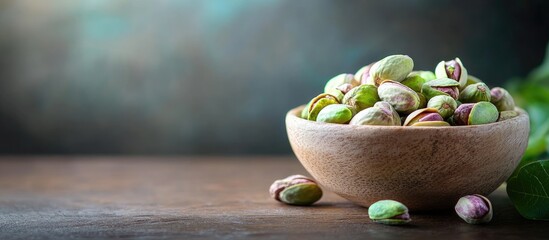 Leinwandbilder - Organic pistachio nuts in a bowl on a wooden table Room for text. with copy space image. Place for adding text or design