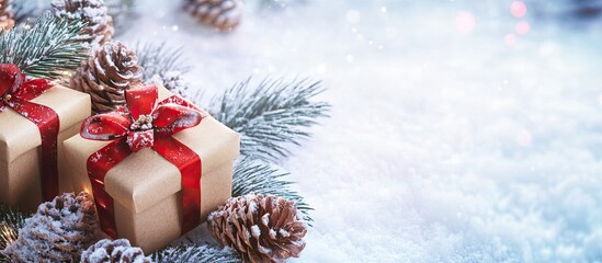 Poster - Christmas gifts and snow covered cones with blank space for text. with copy space image. Place for adding text or design